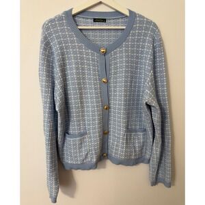 Ofeefan Womens Plaid Knit Cardigan Gold Button Pockets Light Blue Coastal Prep